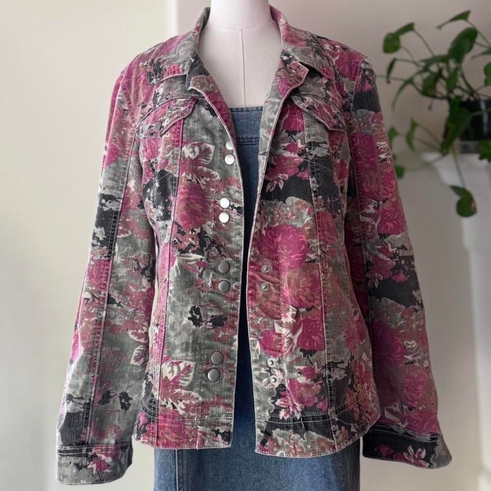 Western Floral Denim Jacket Sz L Cow Girl Rodeo Boho Indie